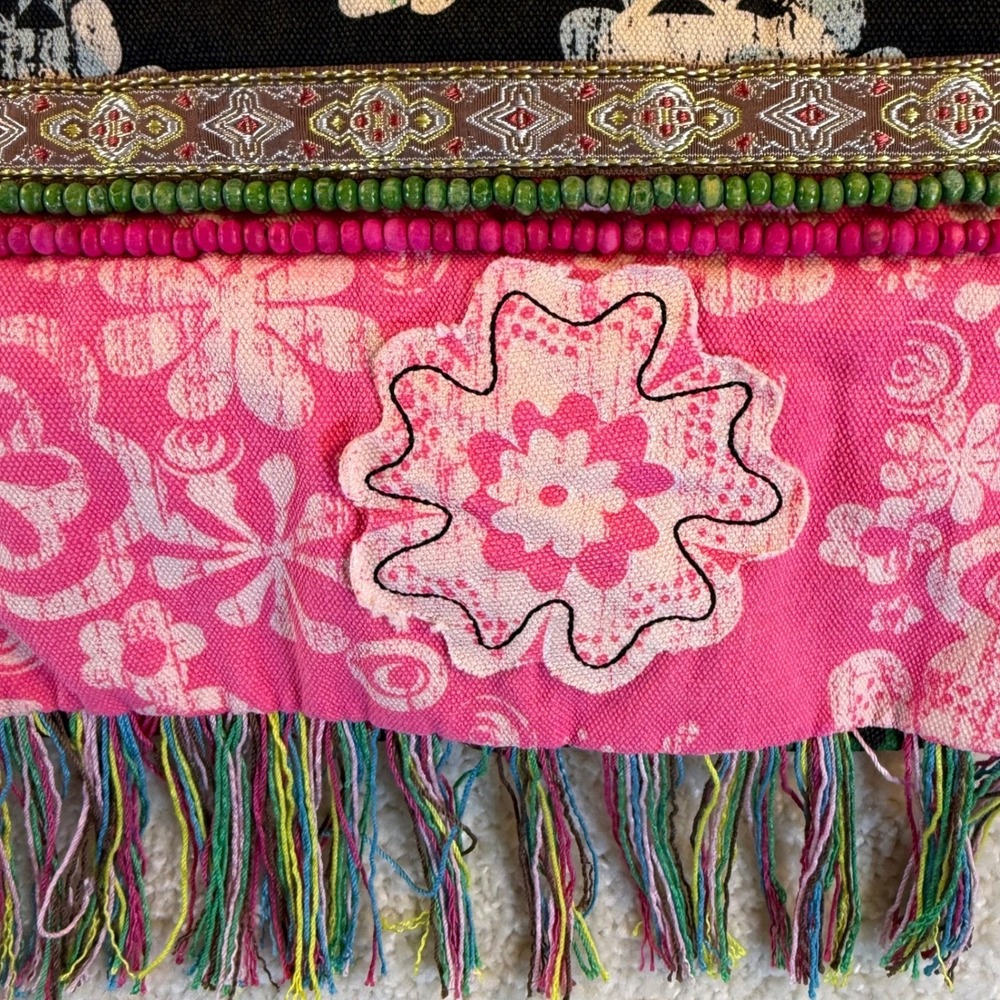 Y2K Mudd Boho Floral Print Shoulder Bag Crossbody Teal‎ Lining Snap Close Fringe - Picture 3 of 12